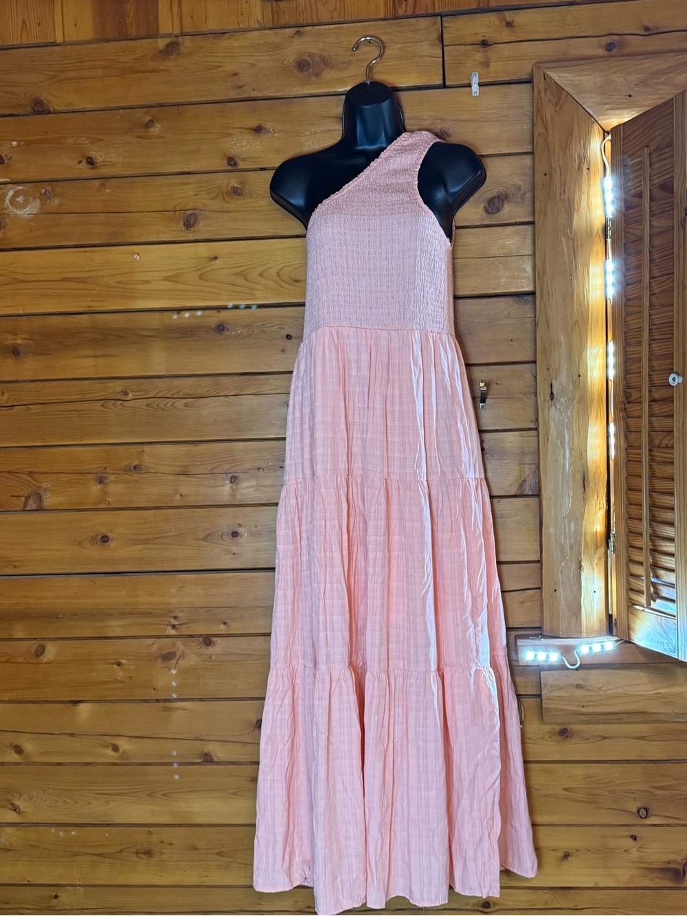 Faded Floral Boutique Pastel Pink Tiered Maxi Dress Smocked Bodice One Shoulder
